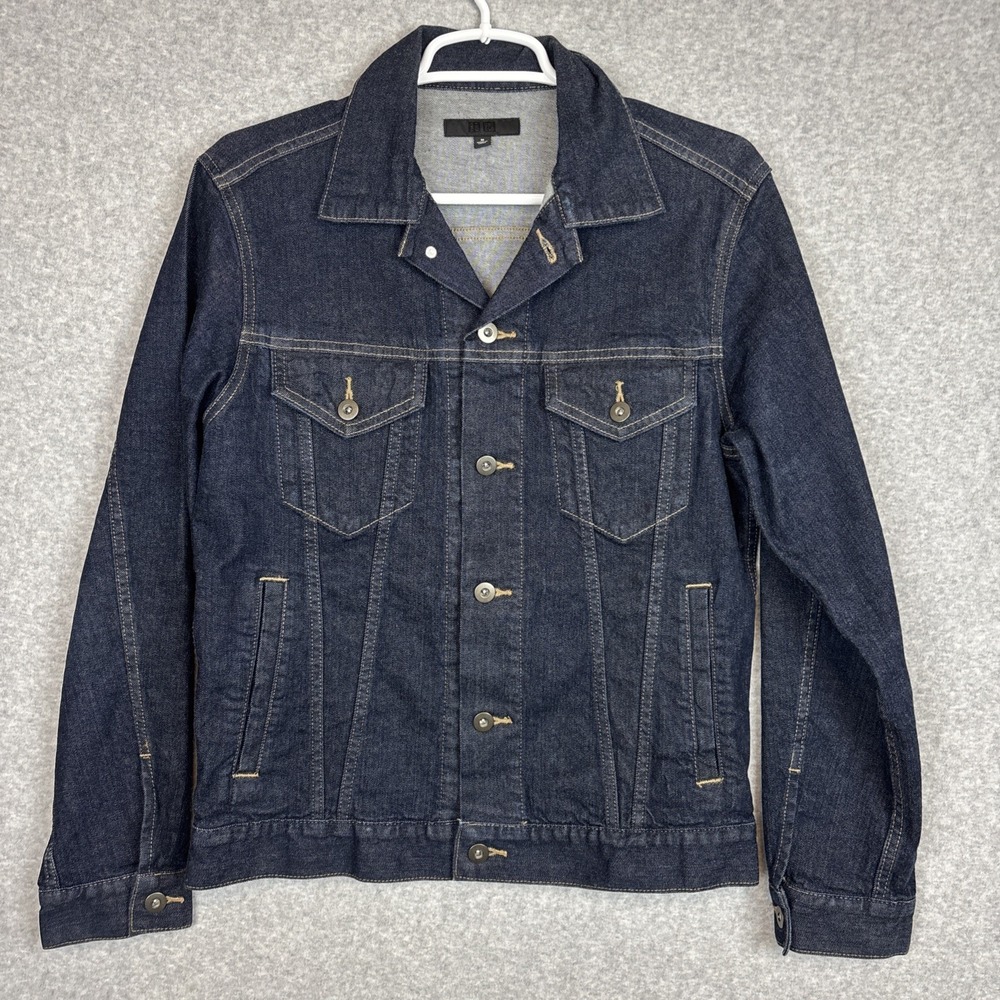 Uniqlo Denim Trucker Jacket Womens Size Medium Dark Blue Jean Pockets Stretch